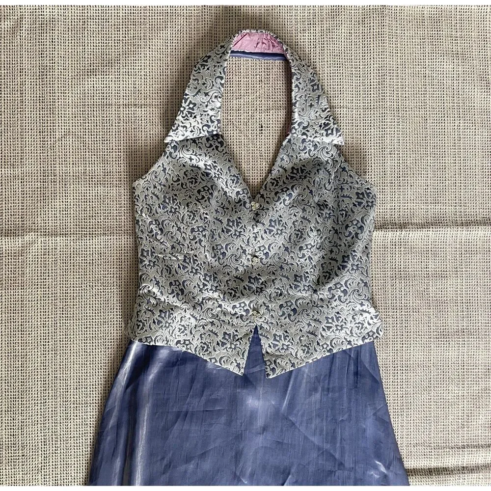 Patra Evening Gown 14 Silver Metallic Halter Top Chiffon Skirt Formal Dress USA - Picture 6 of 12
